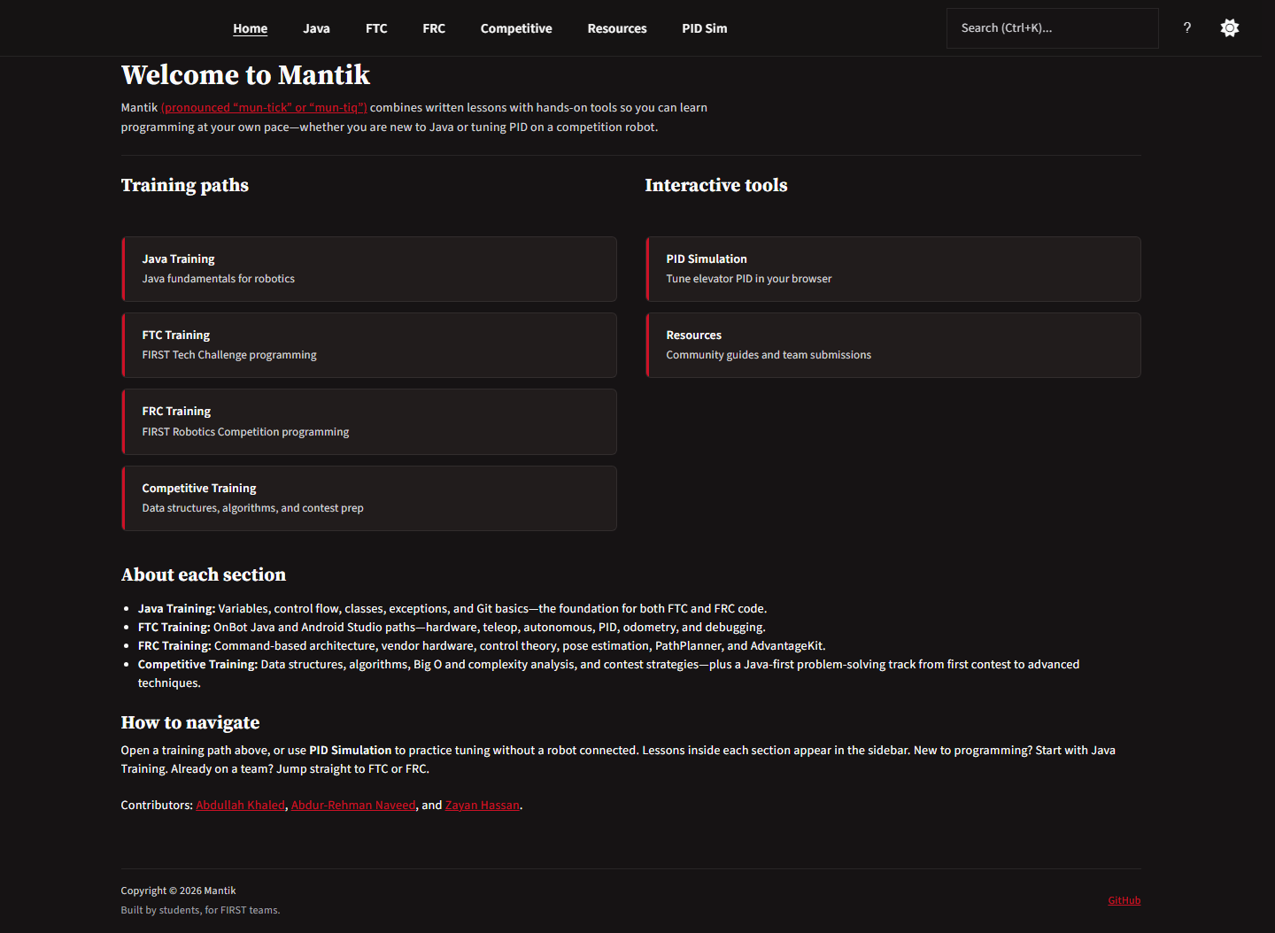 Mantik's home page, headed Welcome to Mantik, with the training paths for Java, FTC, FRC and competitive programming beside the interactive tools.