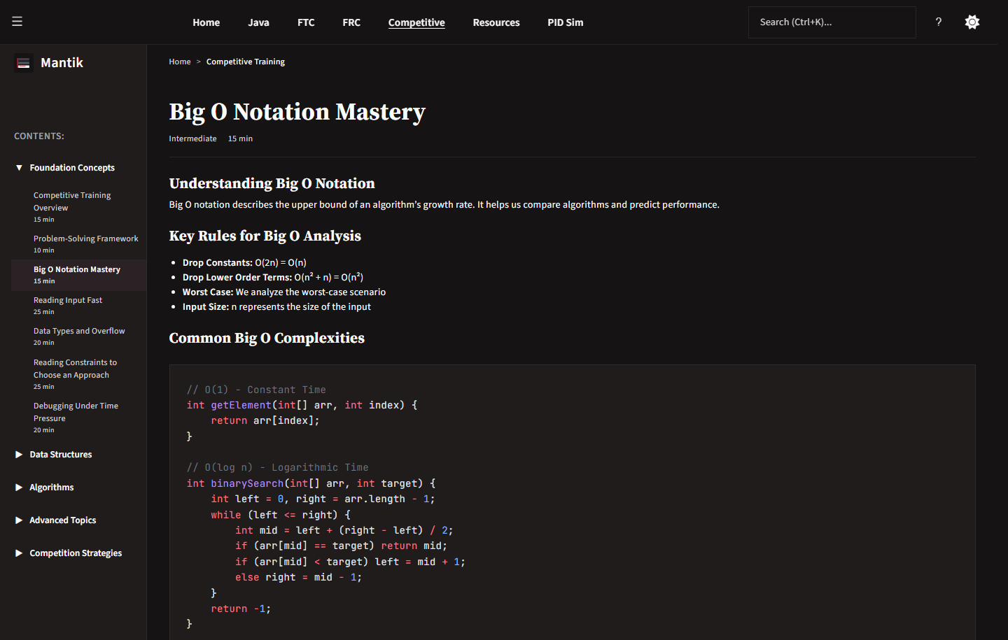 The Big O Notation Mastery lesson in the competitive programming path, showing the lesson body and the sidebar.