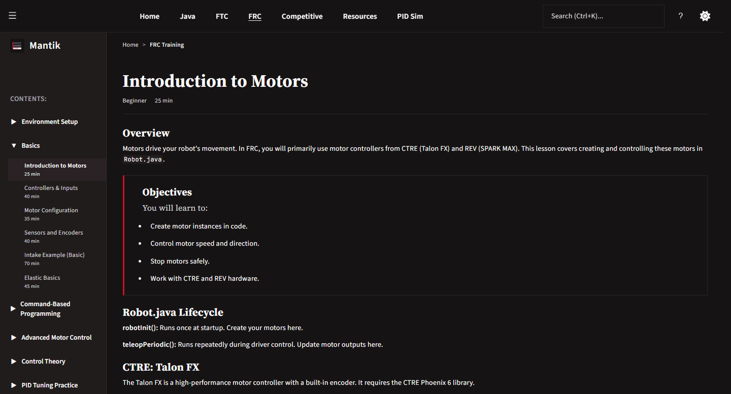 The Introduction to Motors lesson in the FRC path, showing the lesson body and the FRC curriculum sidebar.