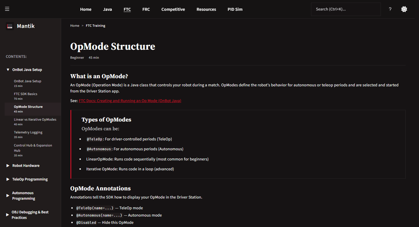 The OpMode Structure lesson in the FTC path, showing the lesson body and the FTC curriculum sidebar.