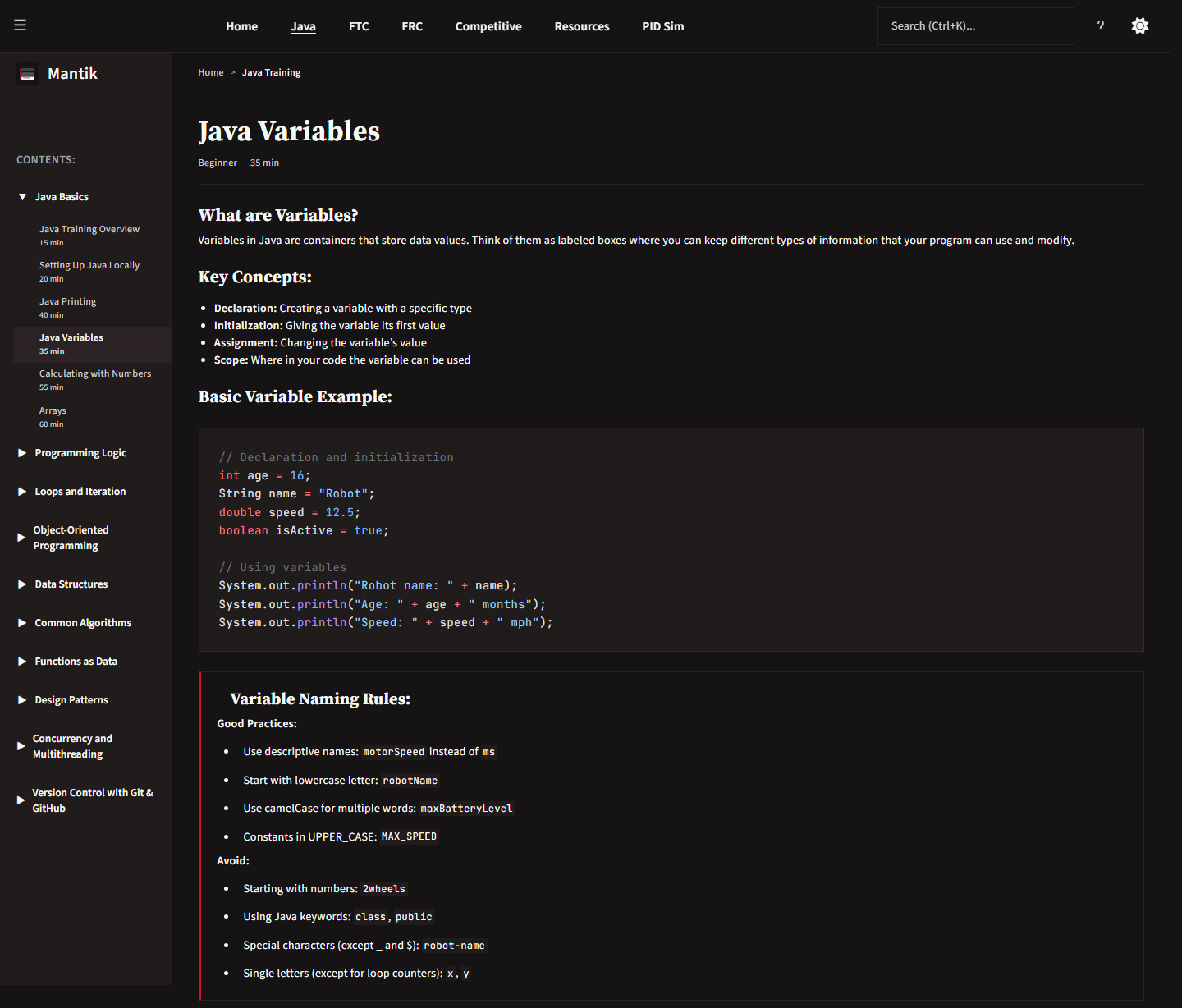The Java Variables lesson, with the curriculum sidebar on the left and the lesson body on the right.