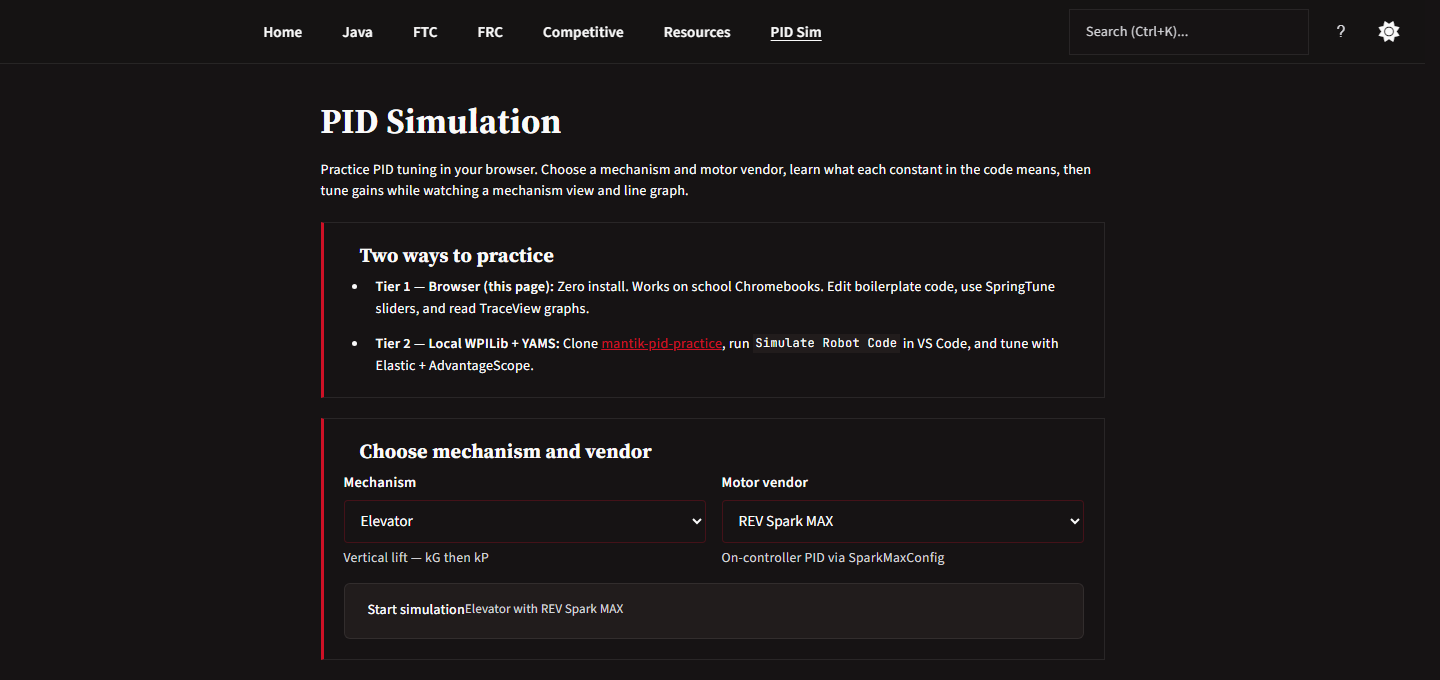 The PID simulation page, offering a browser tier that needs no install and a local WPILib tier, with dropdowns to choose a mechanism and a motor vendor before starting the simulation.