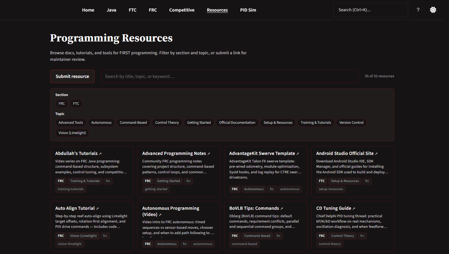 The programming resources page, with a search box, filters for section and topic, and a count of 35 resources.