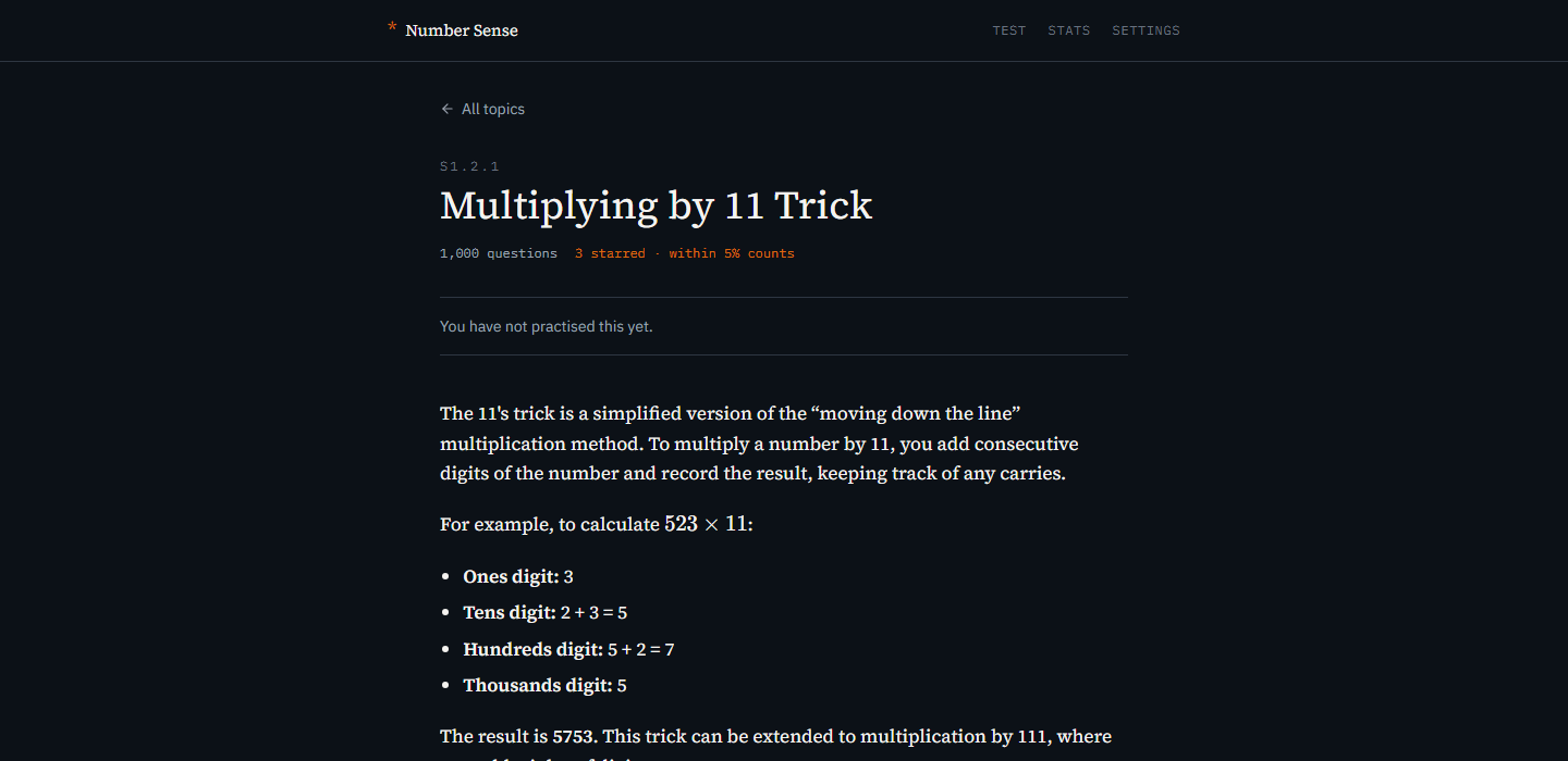 The topic page for the multiplying by 11 trick, showing the written explanation and a worked example of 523 times 11 broken down digit by digit.