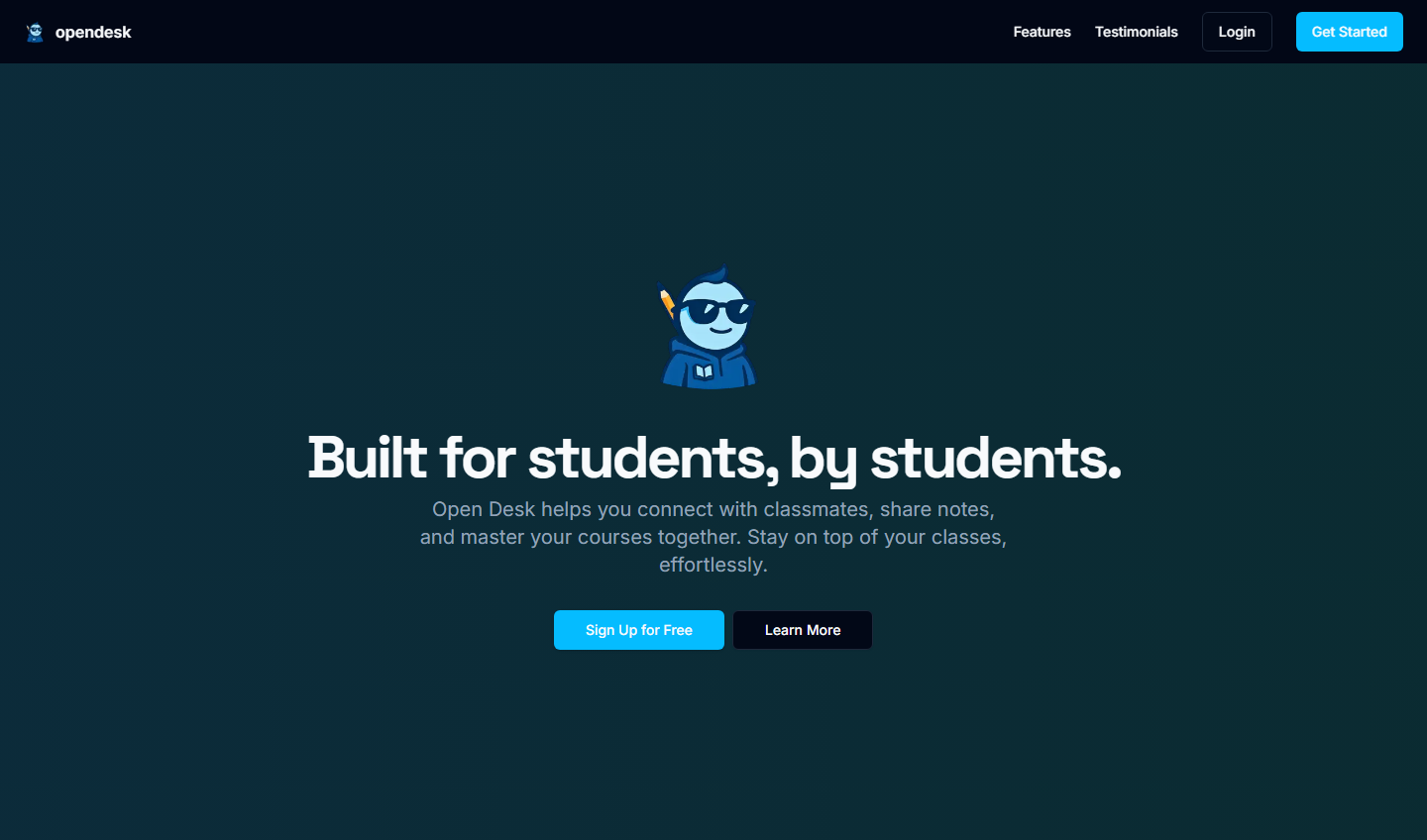 The OpenDesk landing page, headed Built for students, by students, with sign up and learn more buttons under it.