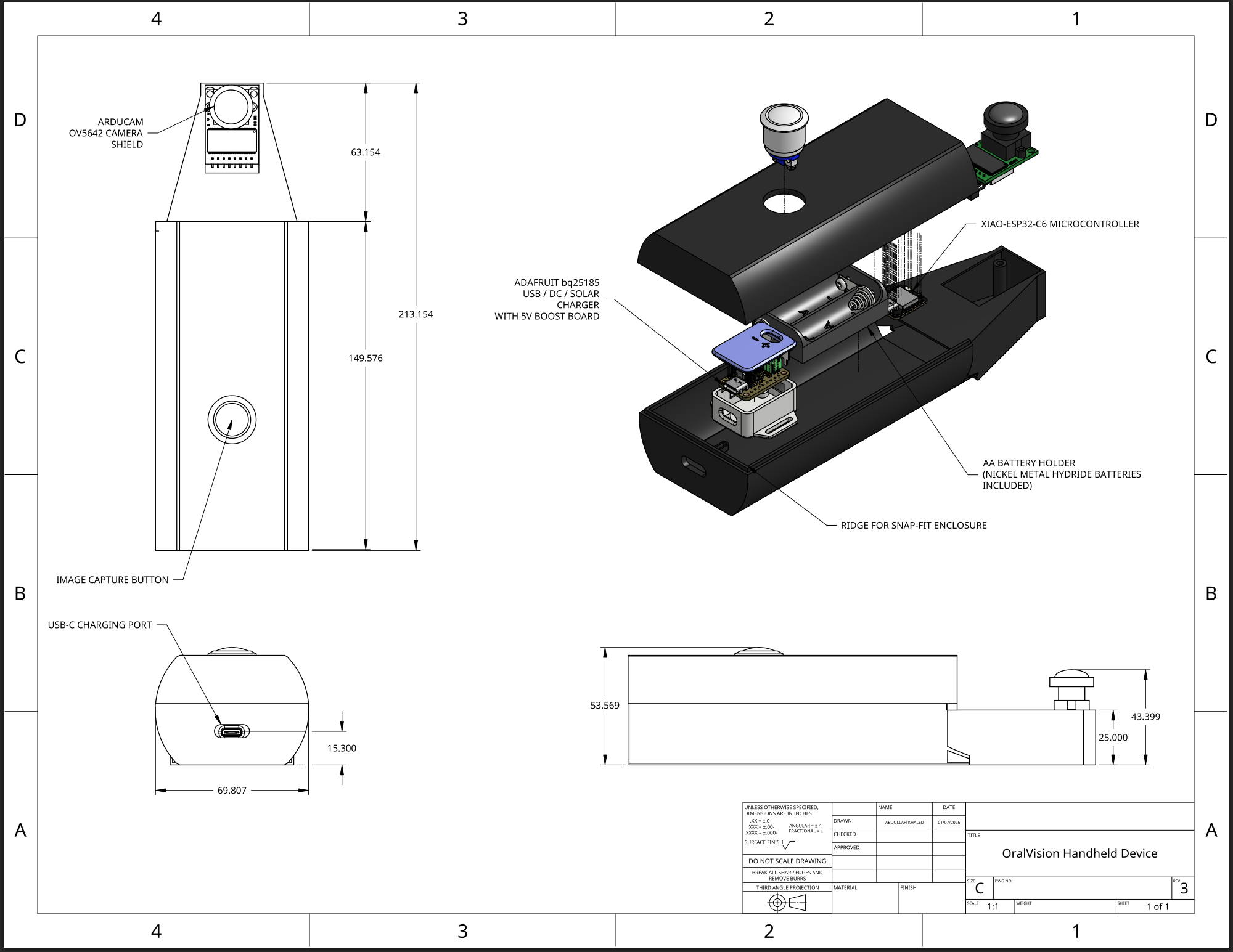 REV3 engineering drawing of the OralVision handheld device: front, bottom and side orthographic views with dimensions in millimetres, alongside an exploded view labelling the Arducam OV5642 camera shield, XIAO-ESP32-C6 microcontroller, Adafruit bq25185 USB, DC and solar charger with 5V boost board, AA nickel metal hydride battery holder, image capture button, USB-C charging port, and the ridge for the snap-fit enclosure.