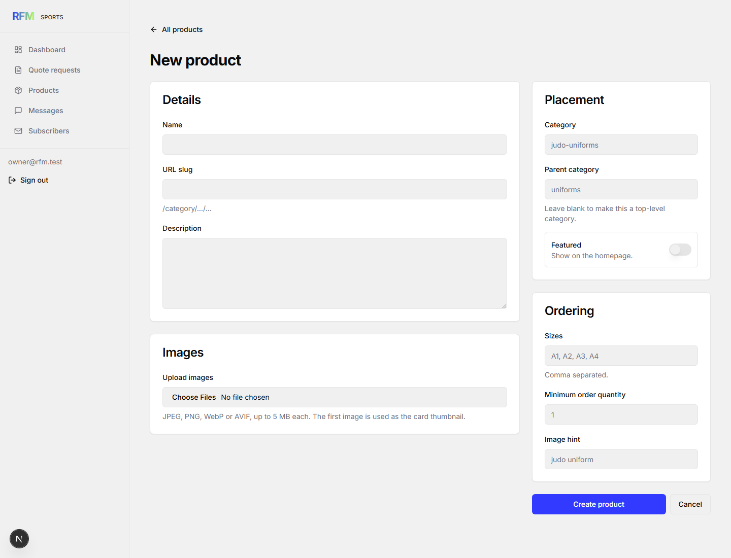 The new product form in the admin portal, with fields for name, URL slug and description, an image upload, a category and parent category, a featured toggle labelled show on the homepage, and sizes and minimum order quantity.