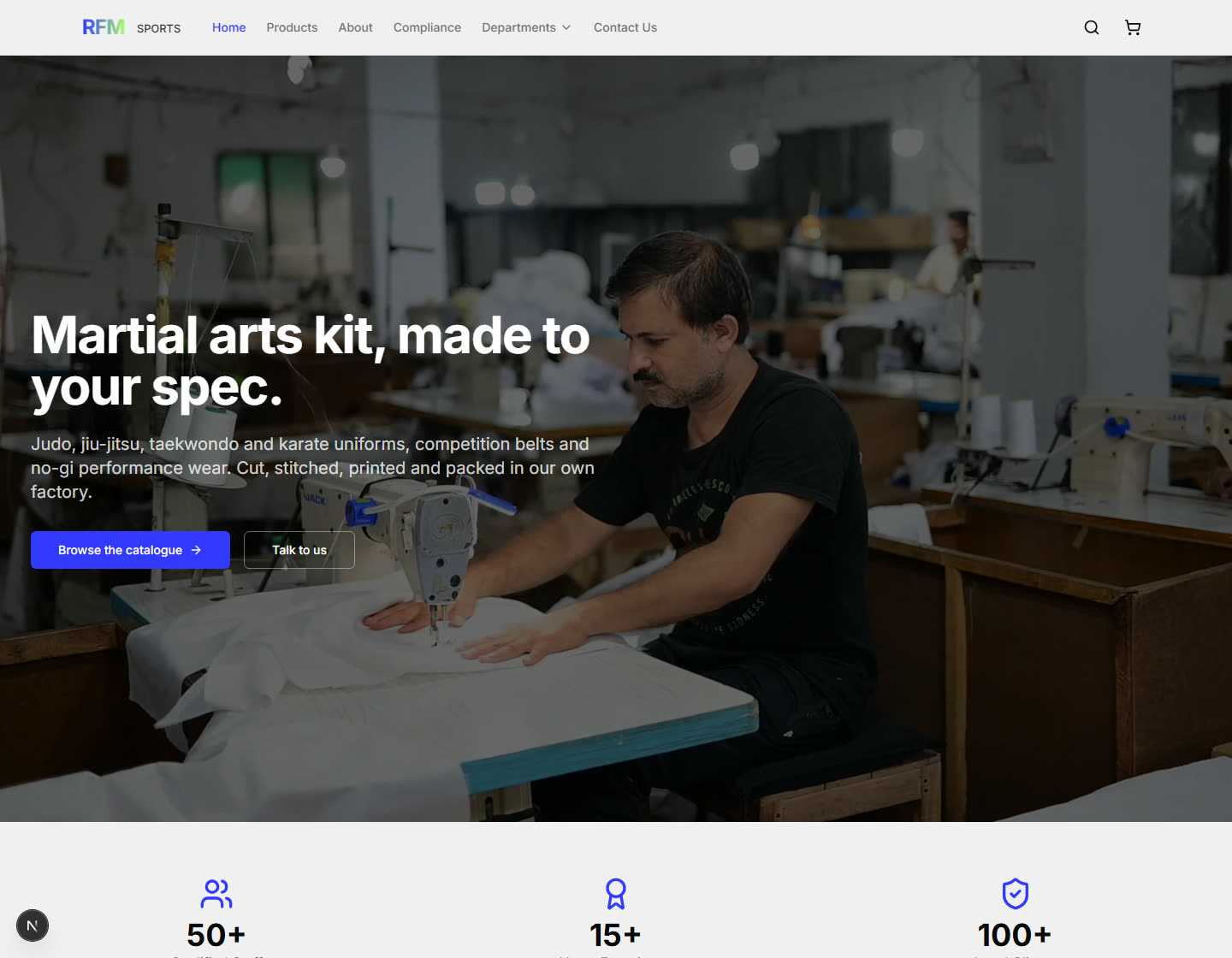 The RFM Sports Wear home page, headed Martial arts kit, made to your spec, over a photograph of a machinist stitching white fabric in the factory.